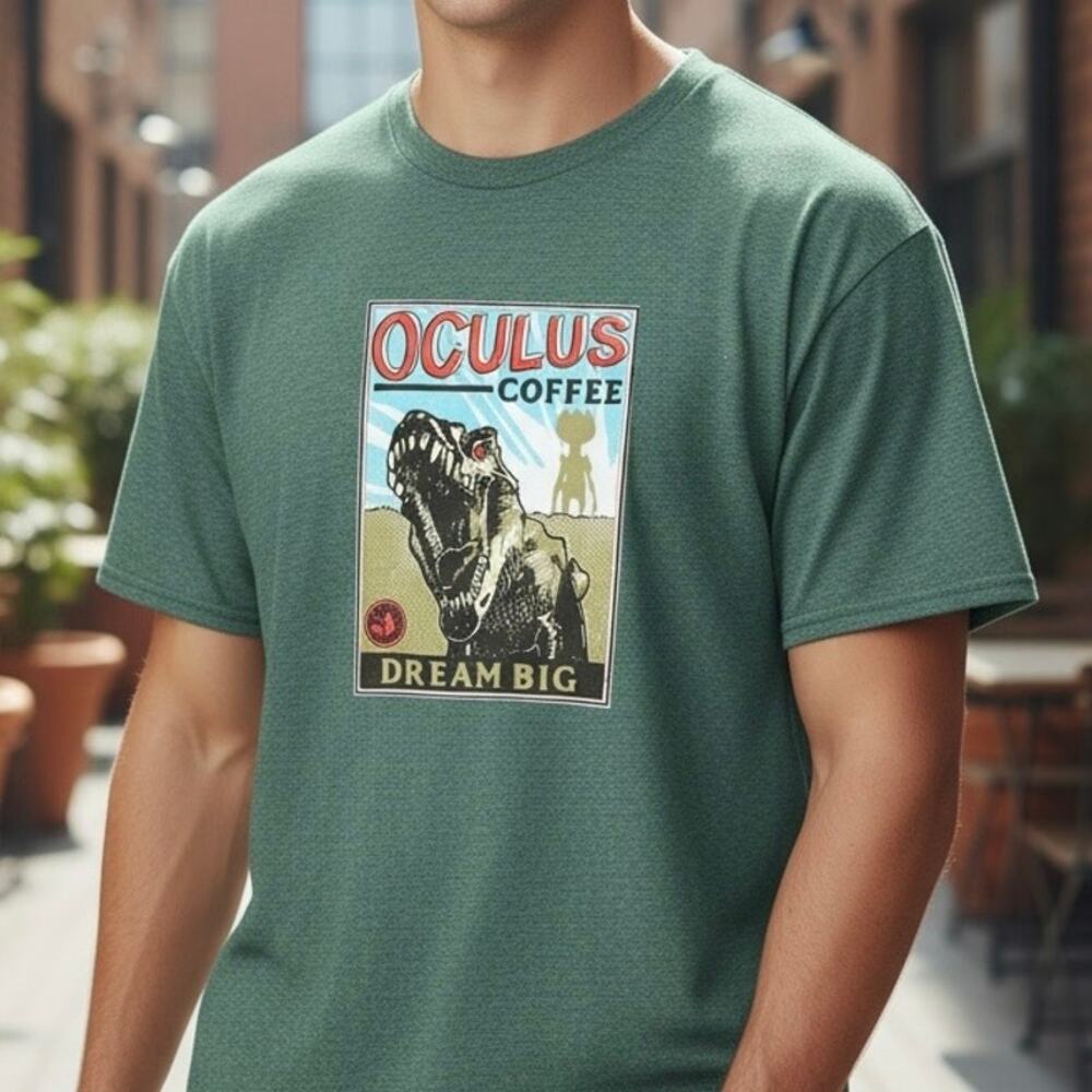 Oculus Coffee T-Rex Dream Big Red Rooster T-Shirt Mens XL Fifth Anniversary Tee